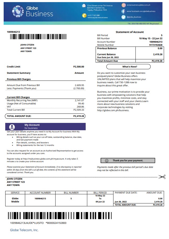 Philippines Globe Business utility bill template in Word and PDF format